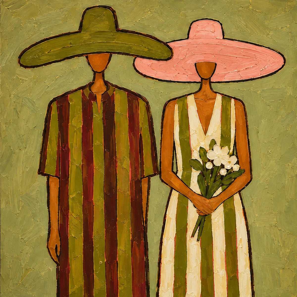 Olive Vows full artwork with two slender figures stand together beneath oversized olive and pink hats, their striped clothing echoing the vertical composition within the square canvas.
