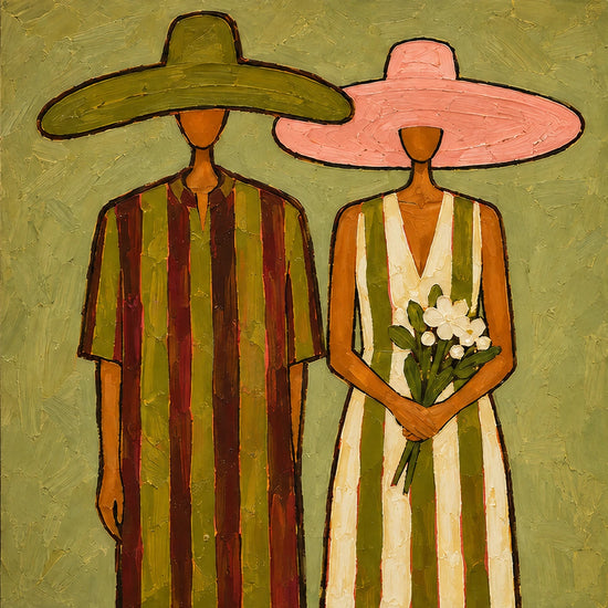 Olive Vows full artwork with two slender figures stand together beneath oversized olive and pink hats, their striped clothing echoing the vertical composition within the square canvas.