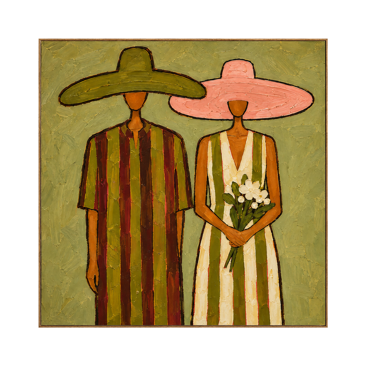 Olive Vows square artwork in a natural wood frame on a transparent background.