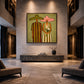Olive Vows artwork displayed above a low console in a spacious double-height interior.