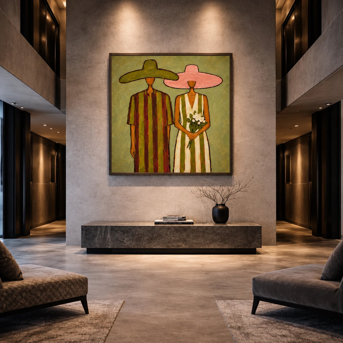 Olive Vows artwork displayed above a low console in a spacious double-height interior.