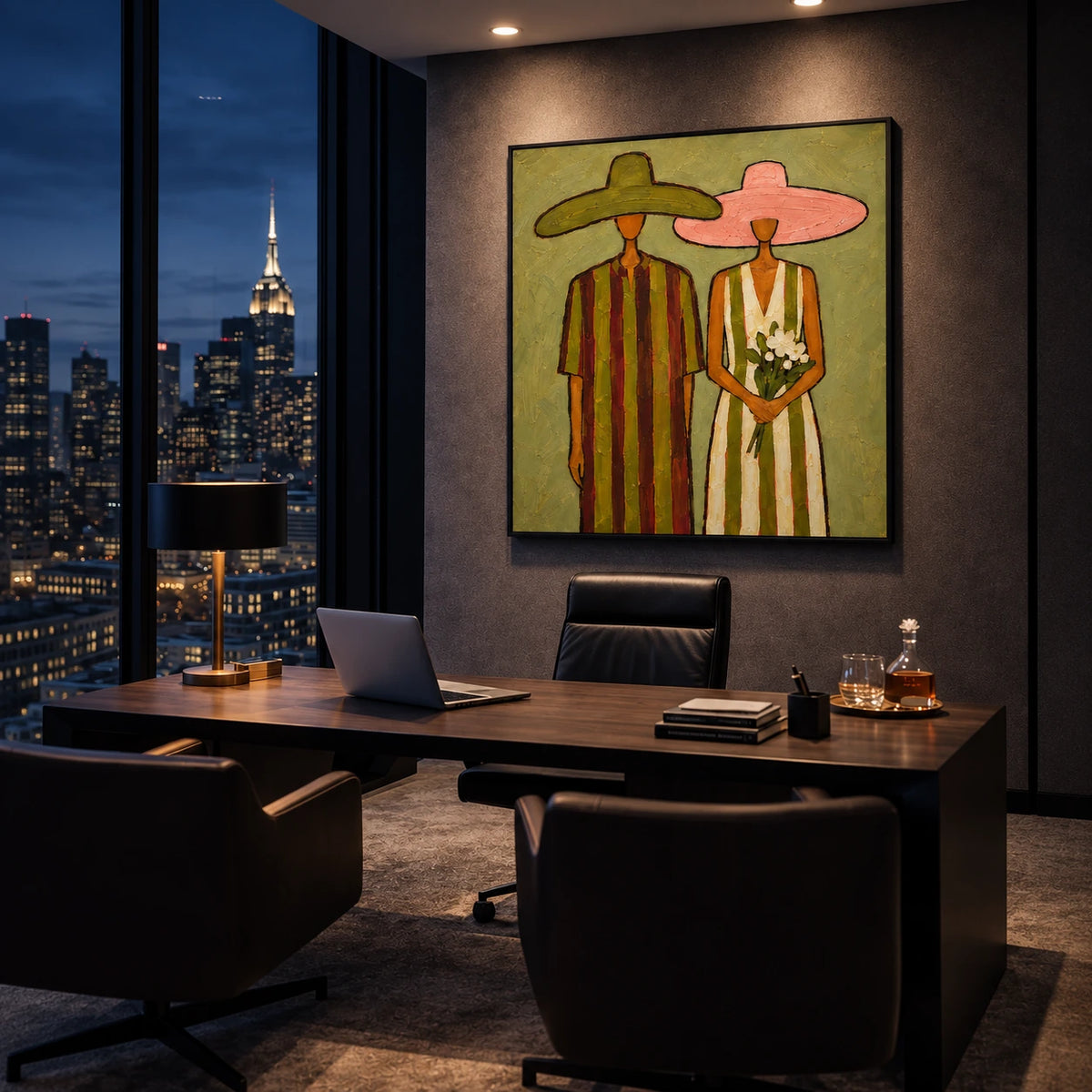 Olive Vows artwork displayed above a desk overlooking a city skyline.