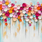Blossom Confetti full artwork with clusters of rounded pink, violet, white and golden blooms gather across a wide turquoise ground.