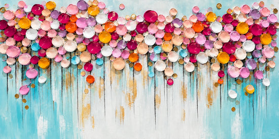 Blossom Confetti full artwork with clusters of rounded pink, violet, white and golden blooms gather across a wide turquoise ground.