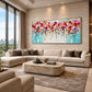 Blossom Confetti artwork displayed above a pale sectional sofa.