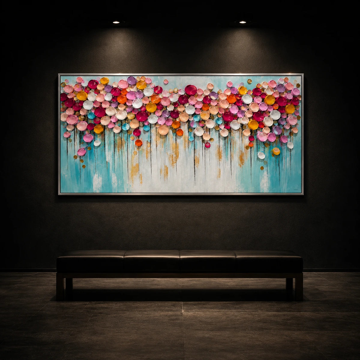 Blossom Confetti artwork displayed above a dark bench against a black wall.