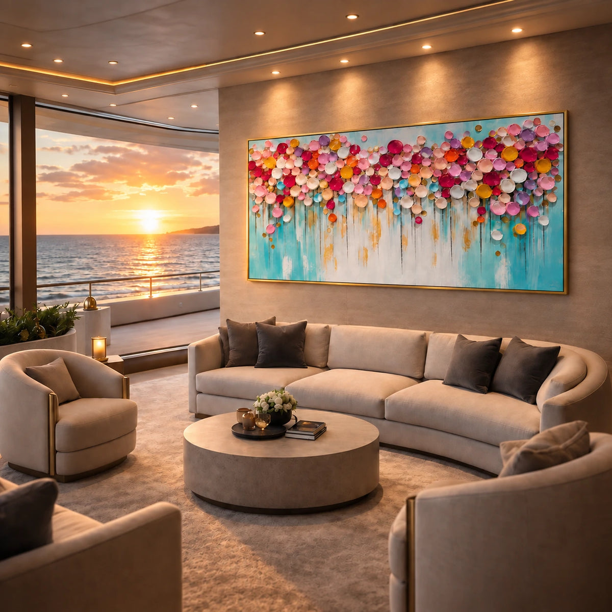 Blossom Confetti artwork displayed above seating overlooking the ocean at sunset.