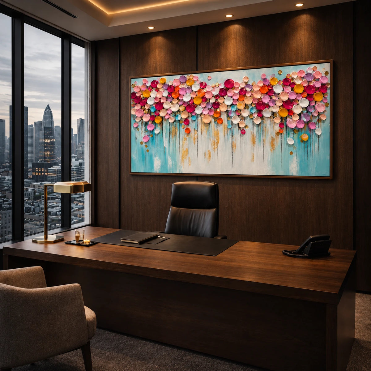 Blossom Confetti artwork displayed above a desk with a city view.