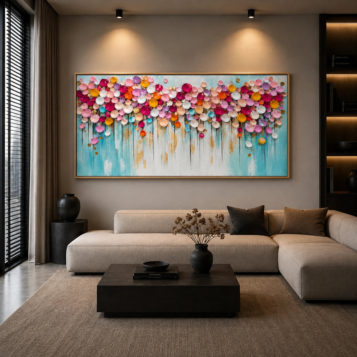 Blossom Confetti artwork displayed above a pale sofa in a softly lit living room.