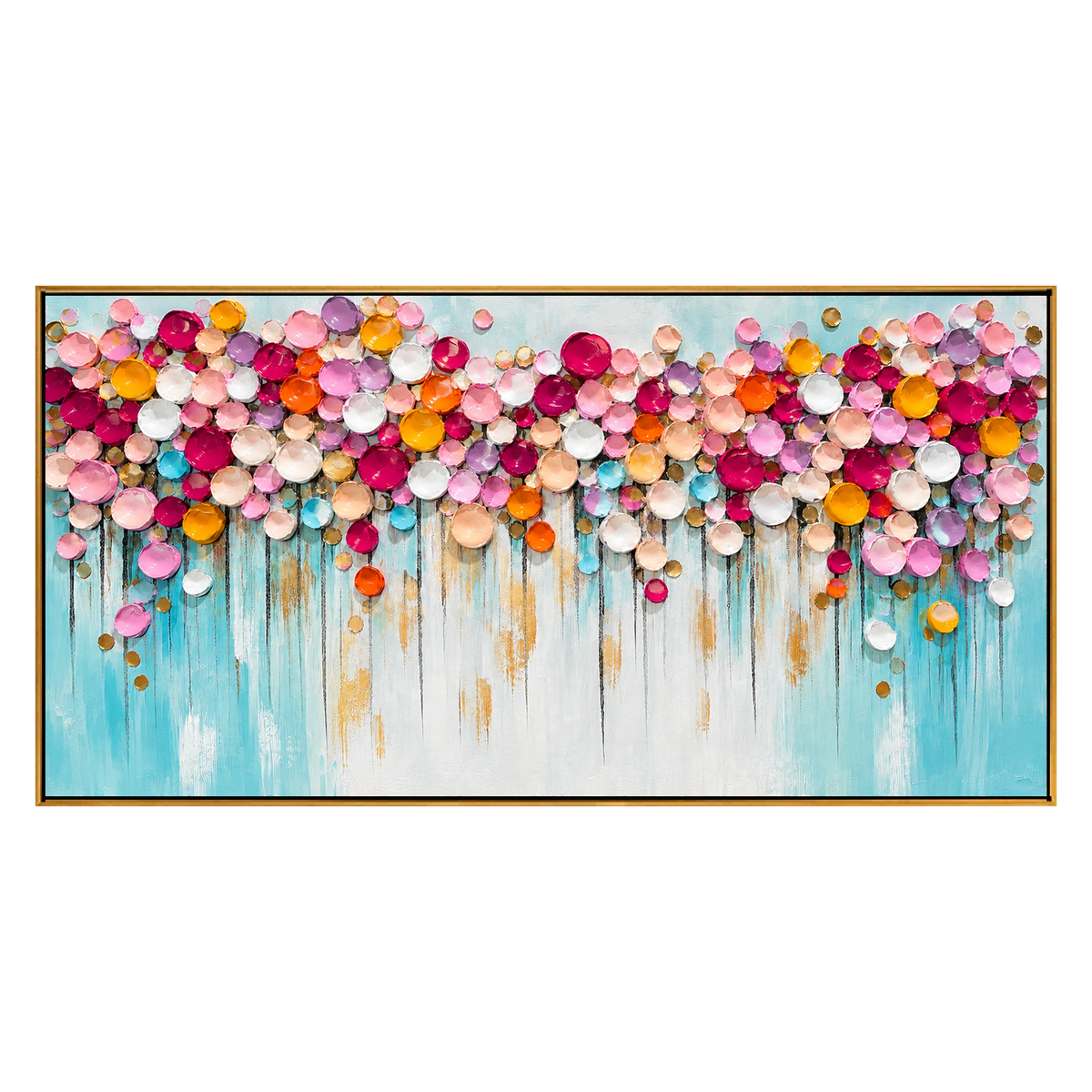 Blossom Confetti panoramic artwork in a natural wood frame on a transparent background.