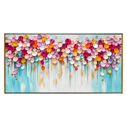 Blossom Confetti panoramic artwork in a natural wood frame on a transparent background.