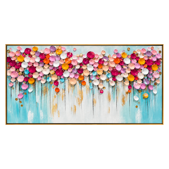 Blossom Confetti panoramic artwork in a natural wood frame on a transparent background.