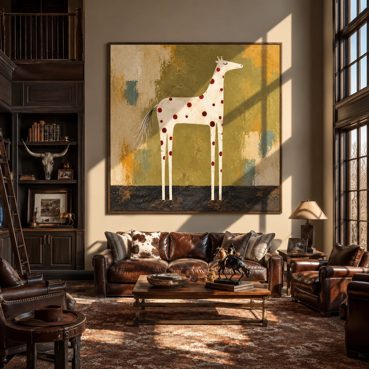 Spotted Grace artwork displayed above a leather sofa in a sunlit library.