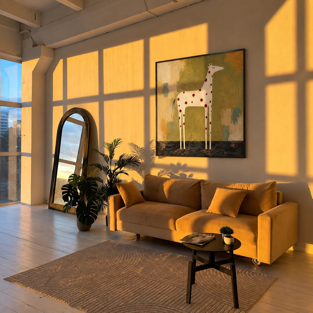 Spotted Grace artwork displayed above a yellow sofa in warm evening light.