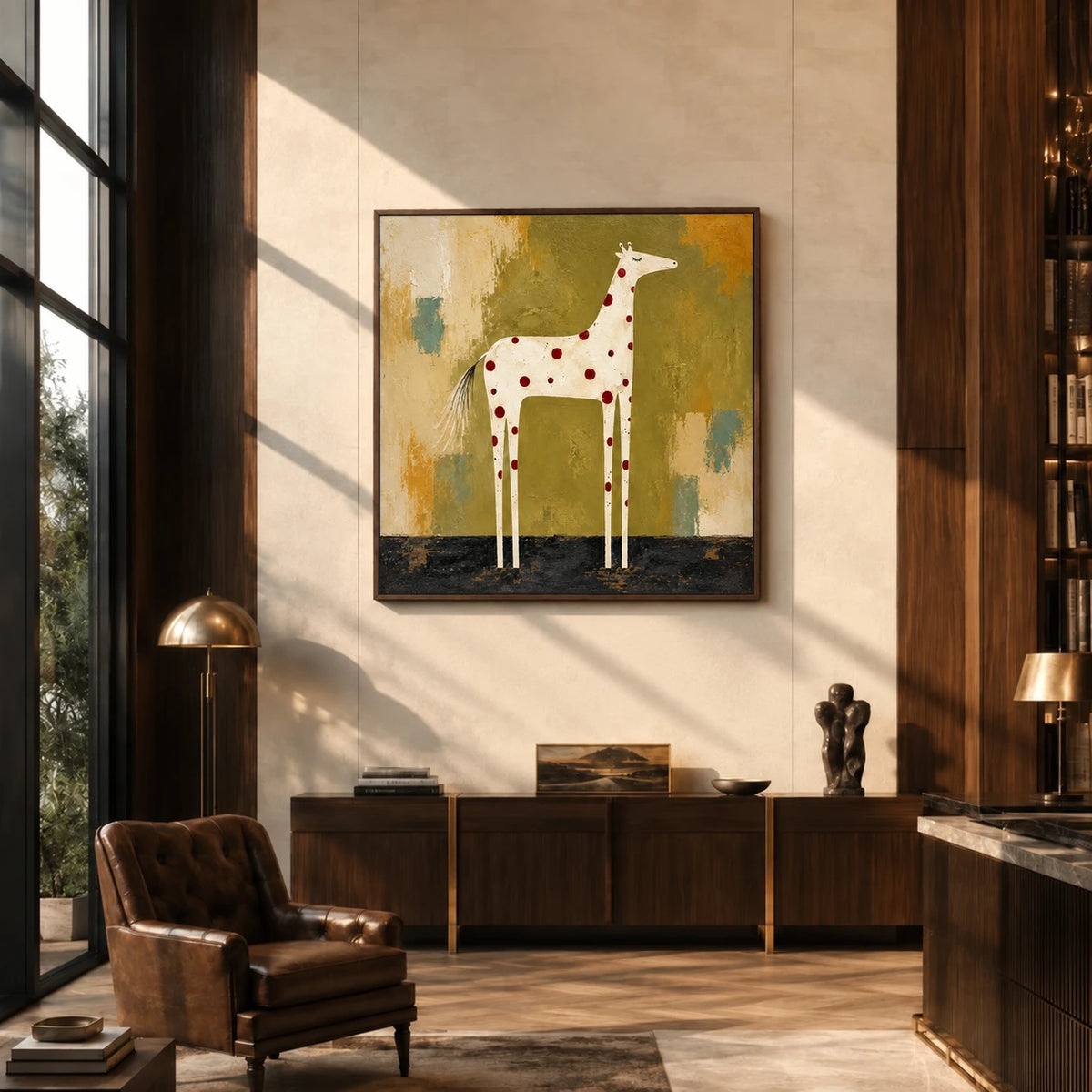 Spotted Grace artwork displayed above a wooden console beside a leather chair.