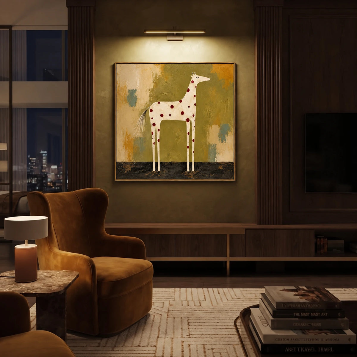 Spotted Grace artwork displayed above a low bench in a dimly lit sitting room.