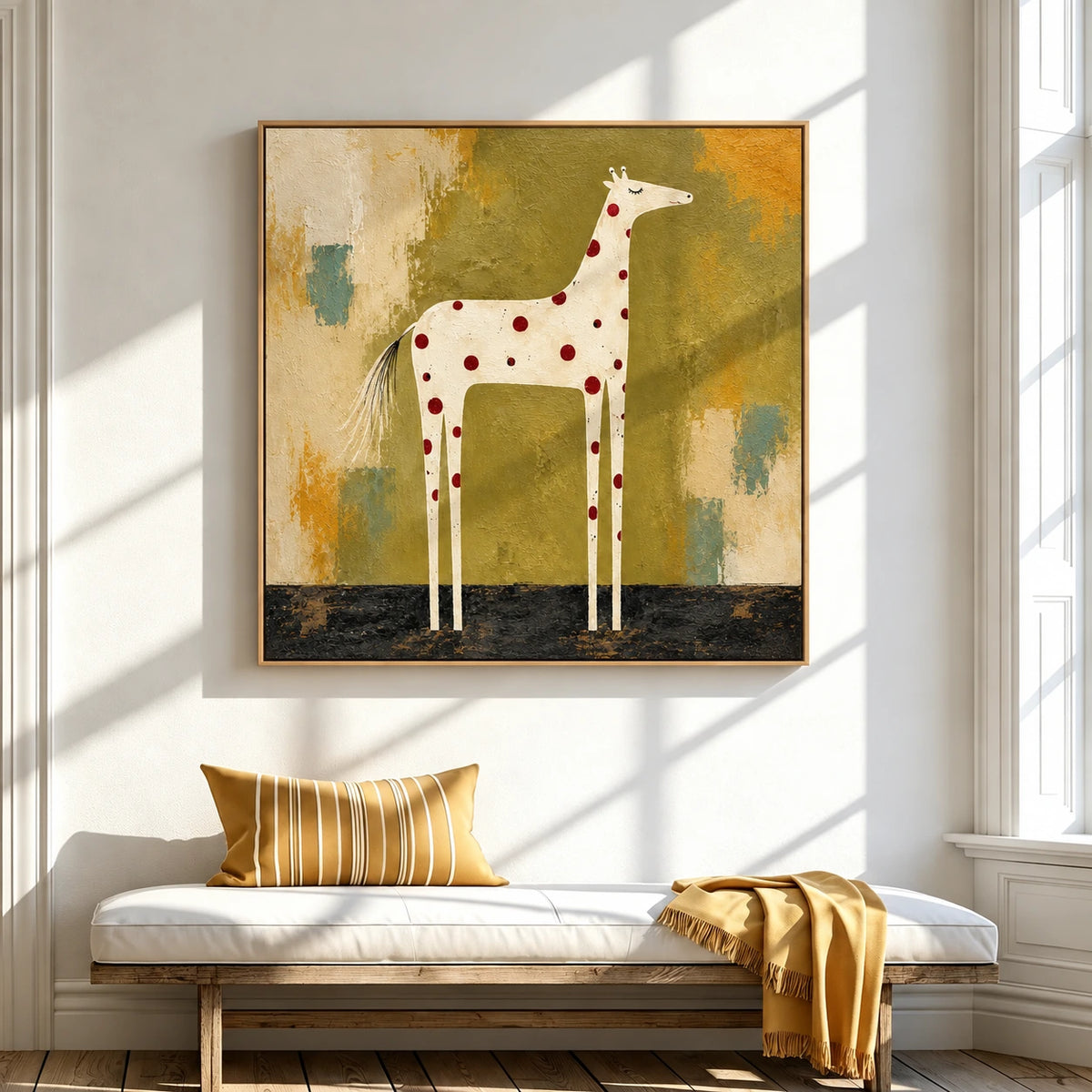 Spotted Grace artwork displayed above a cushioned bench beside tall windows.