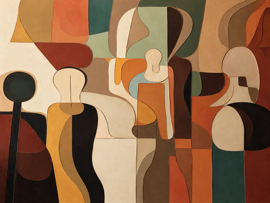 Earthtone Ensemble full artwork with simplified figures emerge from interlocking shapes in rust, ochre, cream and deep teal.