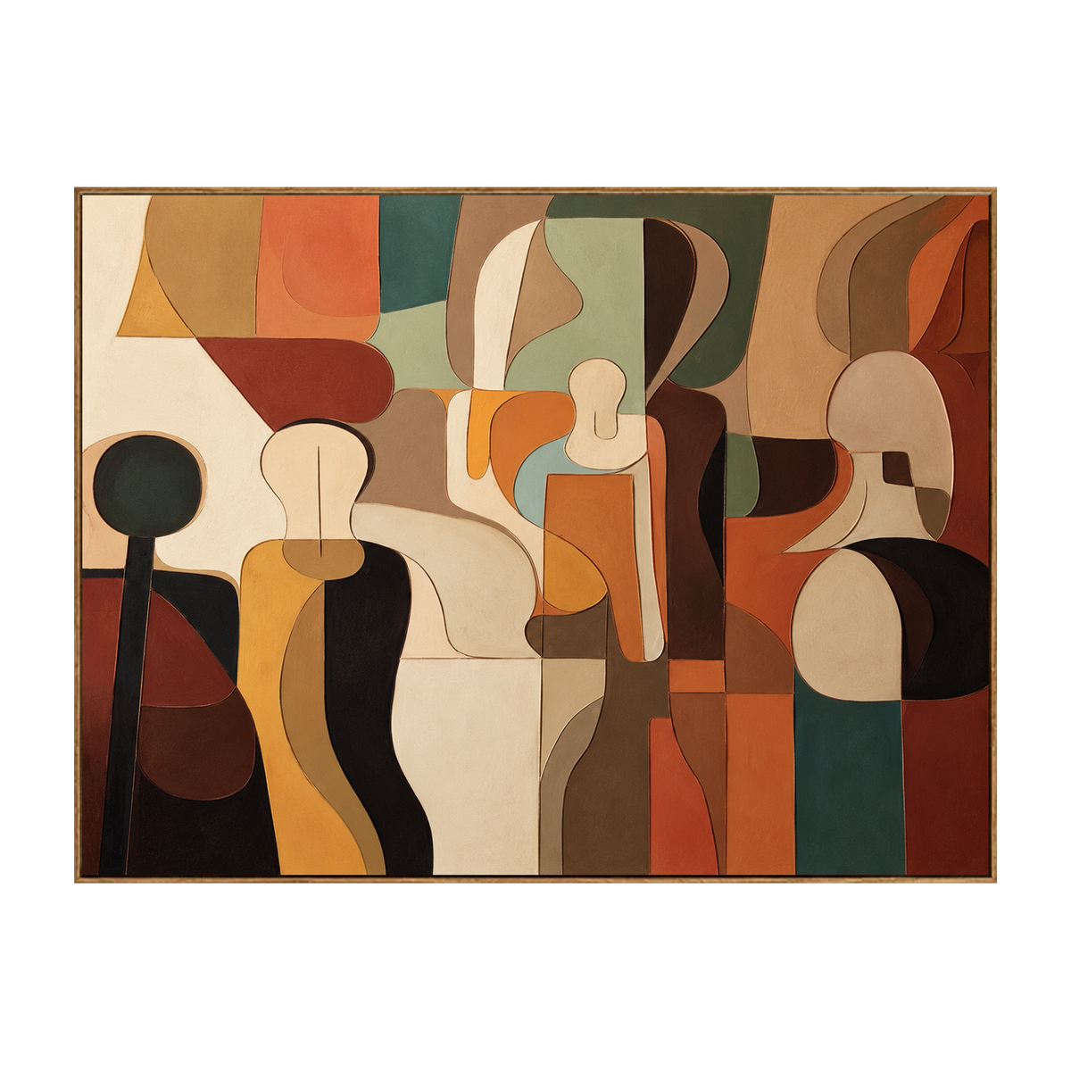 Earthtone Ensemble horizontal artwork in a natural wood frame on a transparent background.
