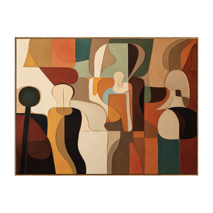 Earthtone Ensemble horizontal artwork in a natural wood frame on a transparent background.