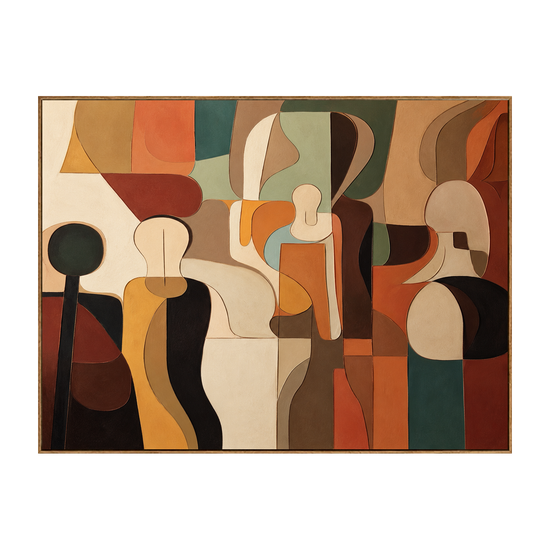 Earthtone Ensemble horizontal artwork in a natural wood frame on a transparent background.