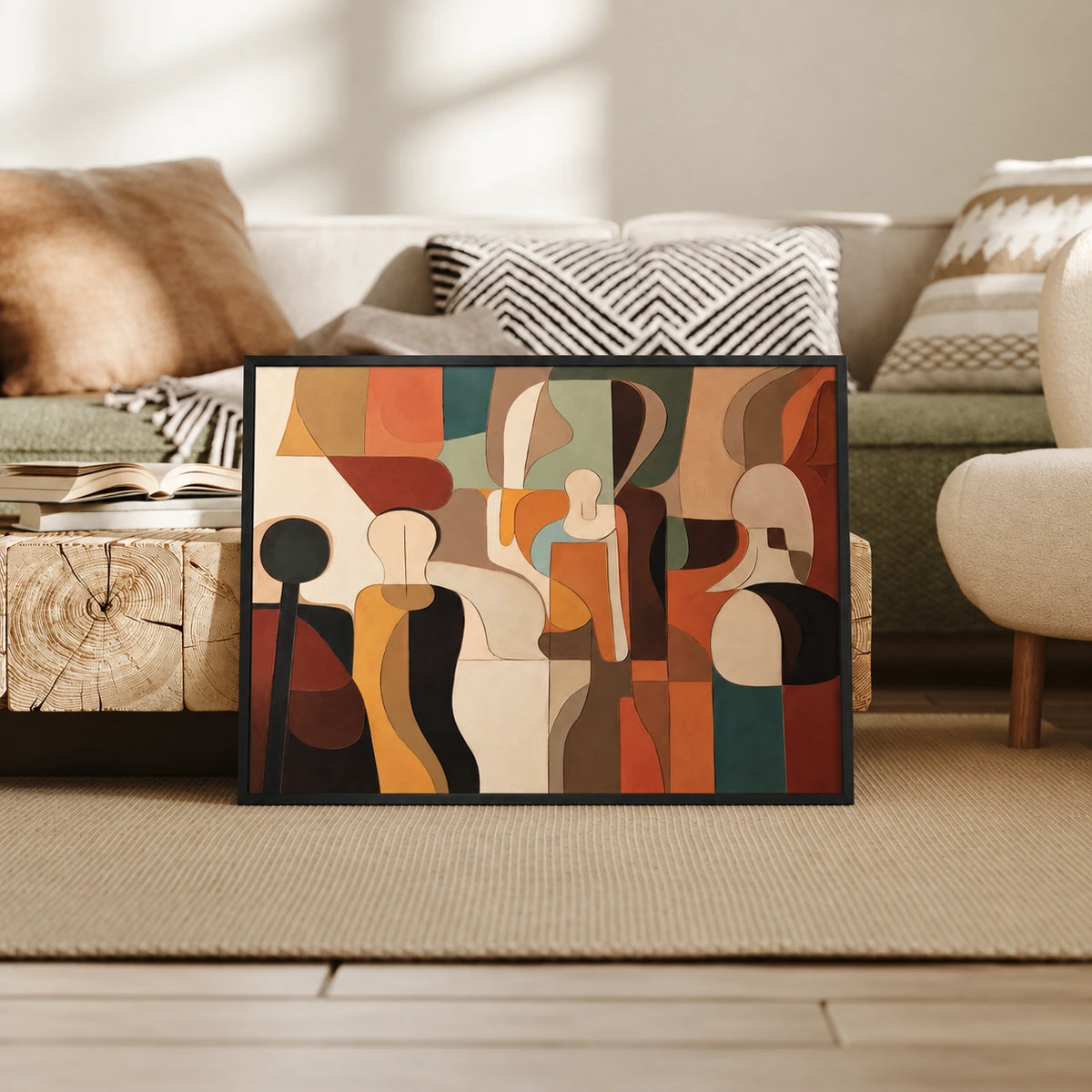 Earthtone Ensemble artwork displayed resting beside a low table and pale sofa.