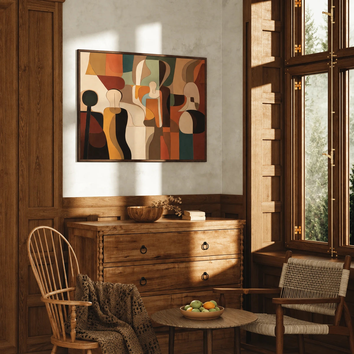 Earthtone Ensemble artwork displayed above a wooden chest in a warm wood-paneled room.
