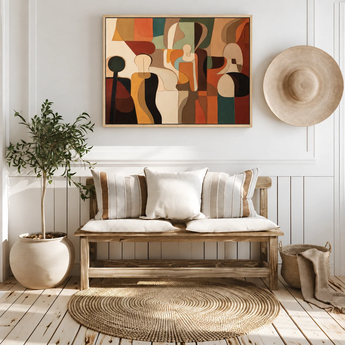 Earthtone Ensemble artwork displayed above a cushioned bench beside a hanging straw hat.
