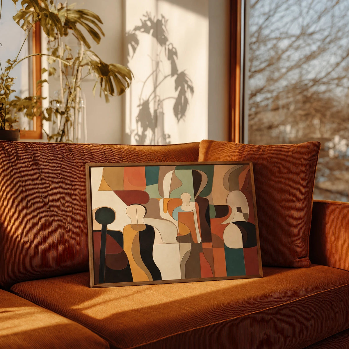 Earthtone Ensemble artwork displayed resting on a rust-colored sofa beside a sunlit window.