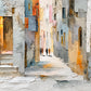 Sunlit Passage full artwork with a narrow sunlit passage recedes between textured walls of white, pale blue and warm ochre.