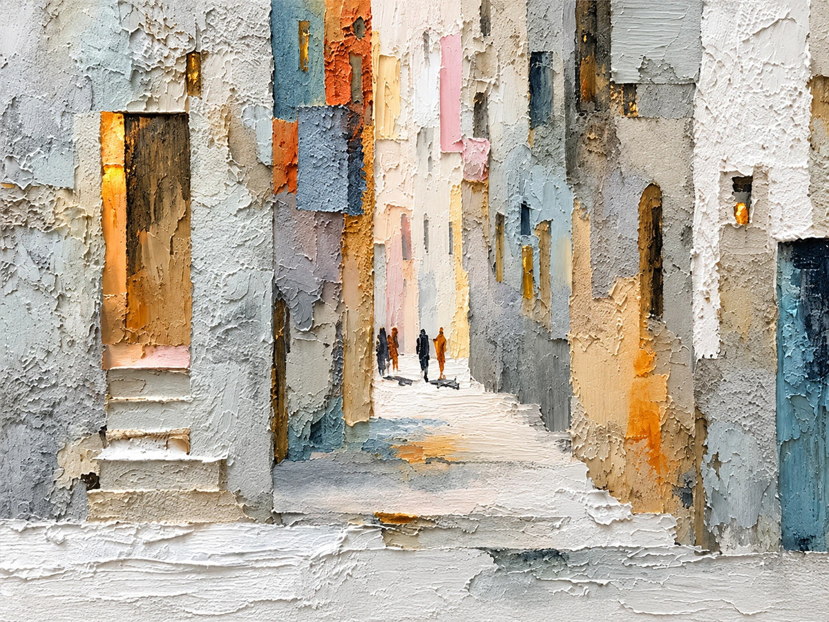 Sunlit Passage full artwork with a narrow sunlit passage recedes between textured walls of white, pale blue and warm ochre.