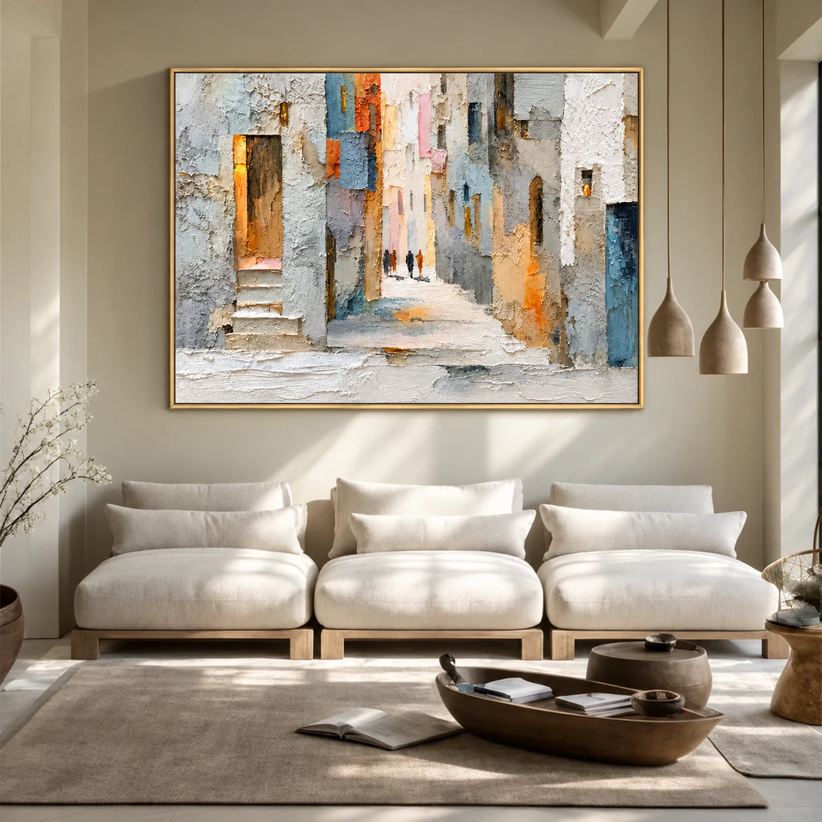 Sunlit Passage artwork displayed above pale seating and a round wooden coffee table.