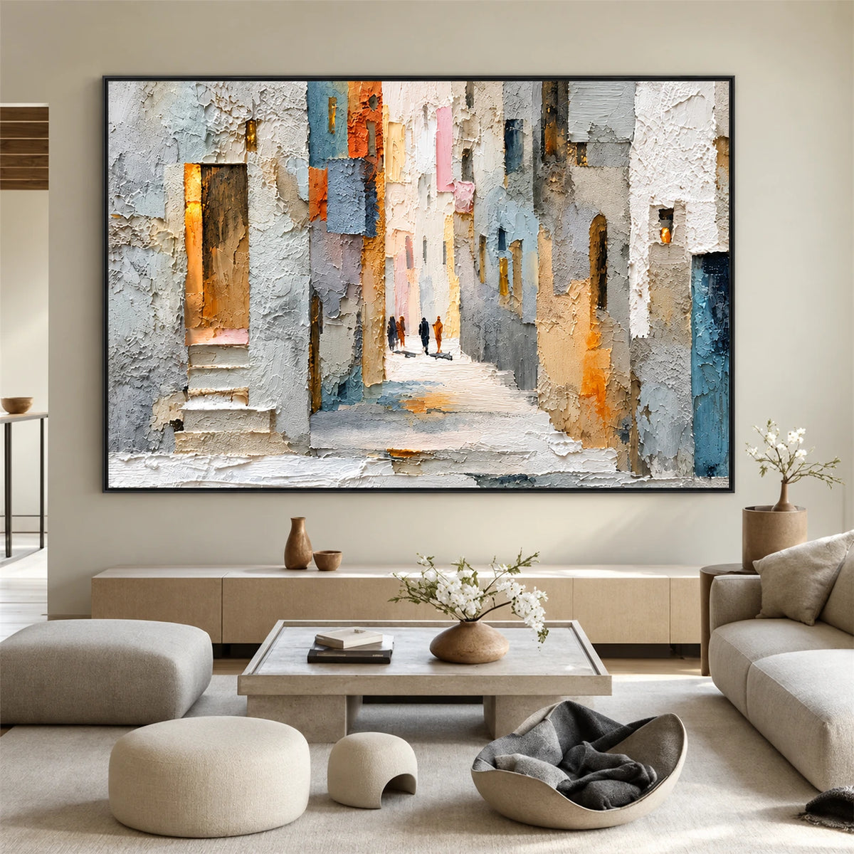 Sunlit Passage artwork displayed above a low console in a neutral living room.