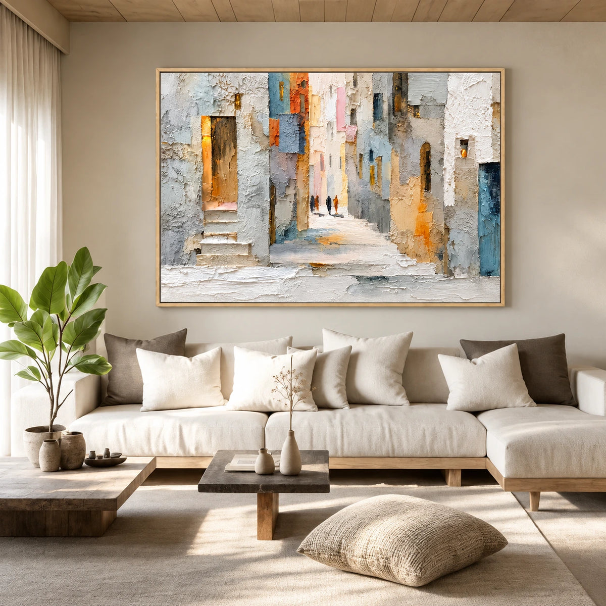 Sunlit Passage artwork displayed above a pale sofa beside tall curtains.