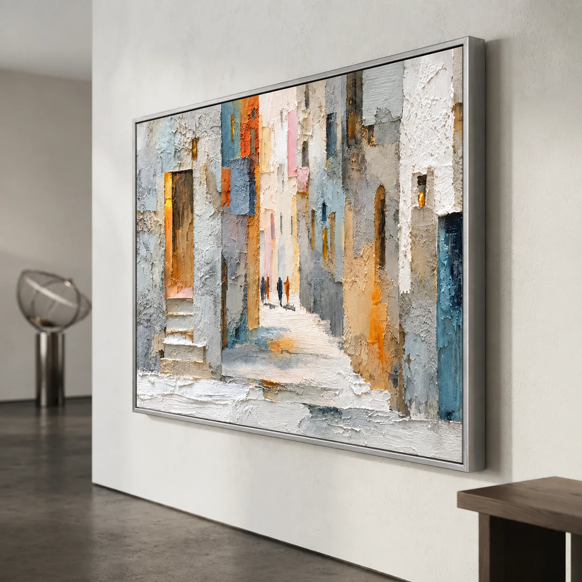 Sunlit Passage artwork displayed on a light wall in an angled close-up view.