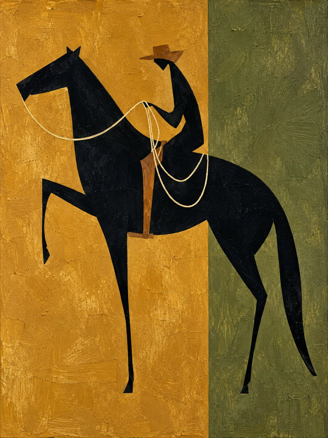 Ochre Rider full artwork with a black horse and slender rider, cream reins and textured ochre and olive green fields.