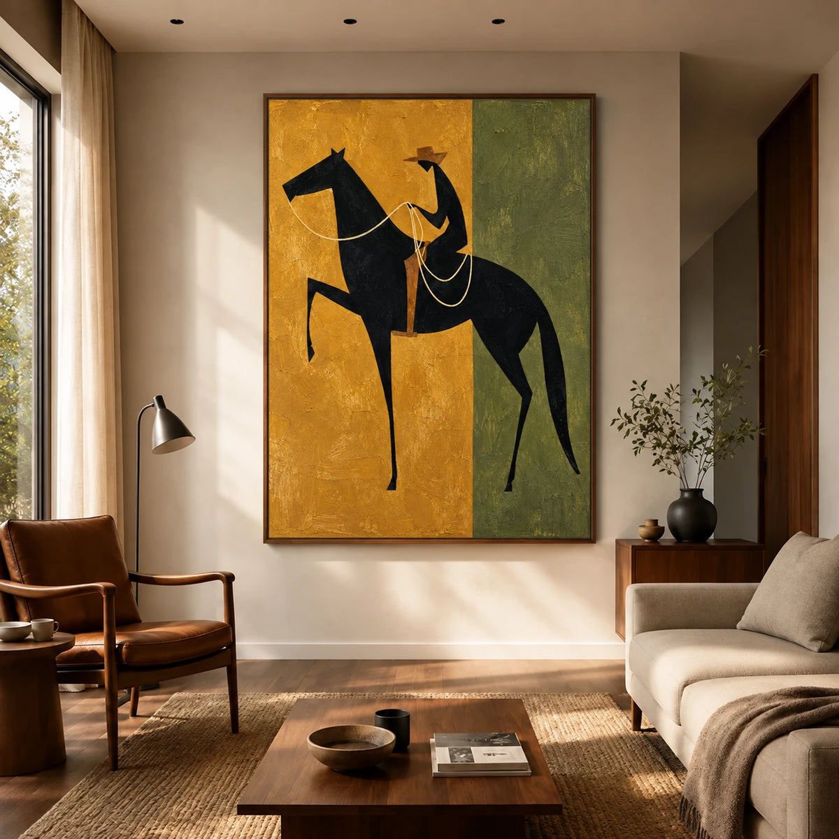 Ochre Rider artwork displayed above a low wooden coffee table beside a sunlit sofa.