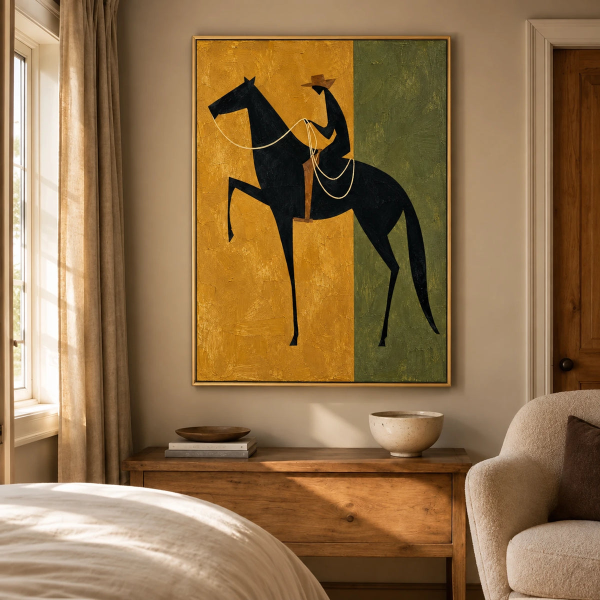 Ochre Rider artwork displayed above a wooden desk beside a curtained window and a bed.