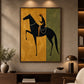 Ochre Rider artwork displayed above a wooden console beside dark shelves and a brown armchair.