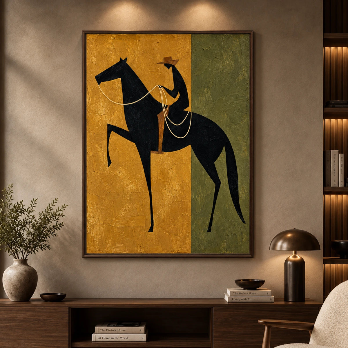 Ochre Rider artwork displayed above a wooden console beside dark shelves and a brown armchair.