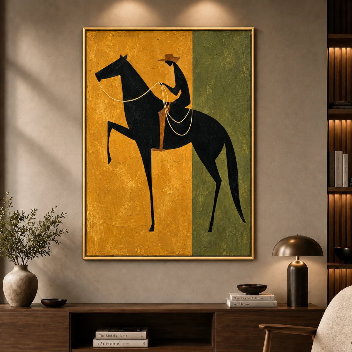 Ochre Rider artwork displayed in a close view above a wooden console with books and ceramics.