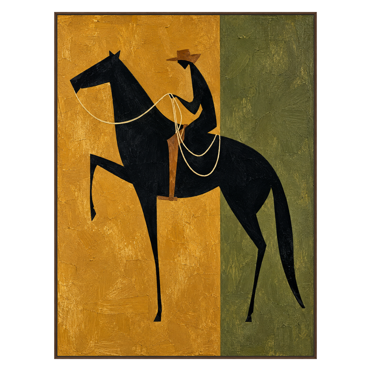 Ochre Rider vertical artwork in a brown wood frame on a transparent background.