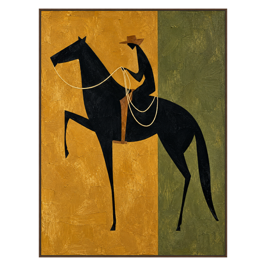 Ochre Rider vertical artwork in a brown wood frame on a transparent background.