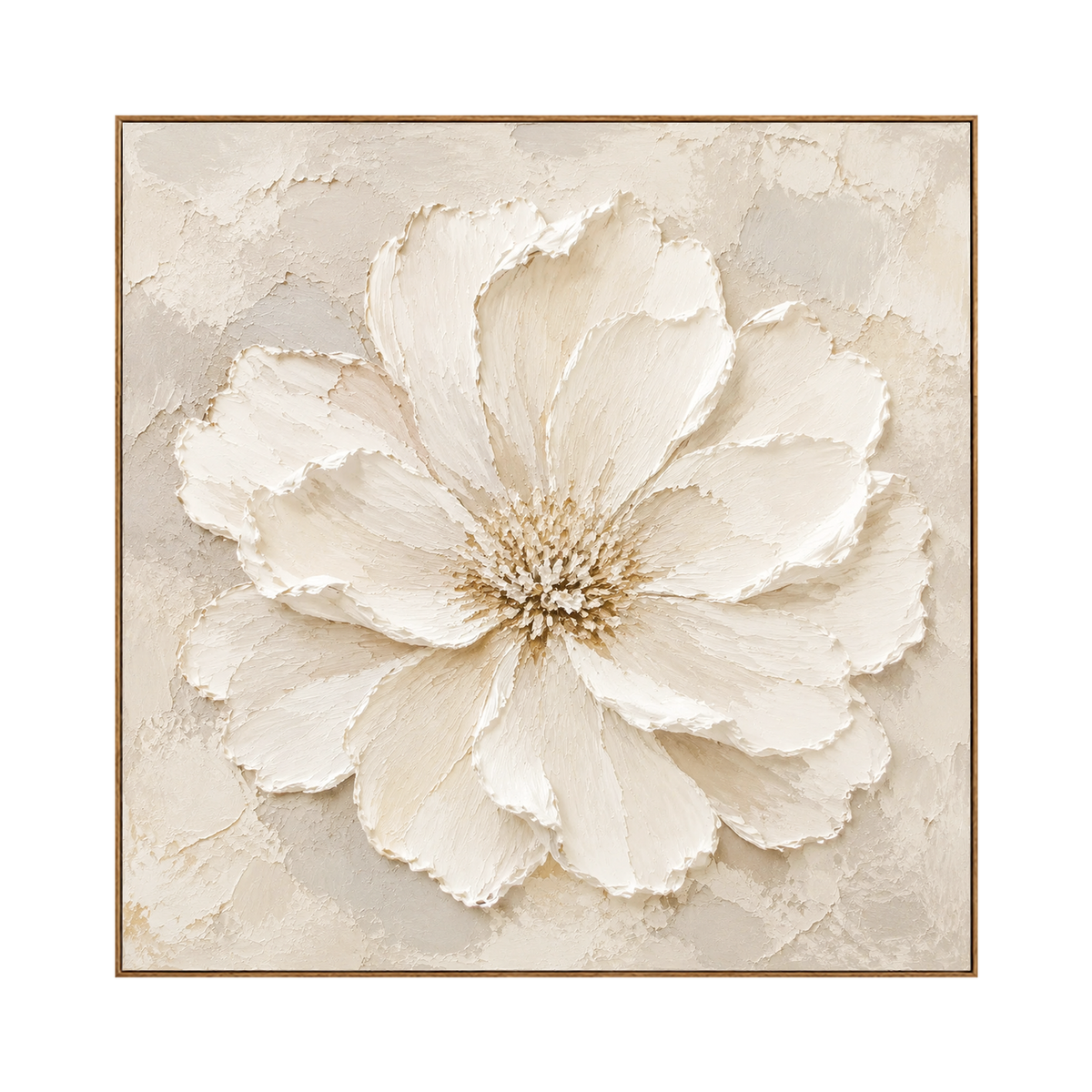 Petal Relief square artwork in a natural wood frame on a transparent background.
