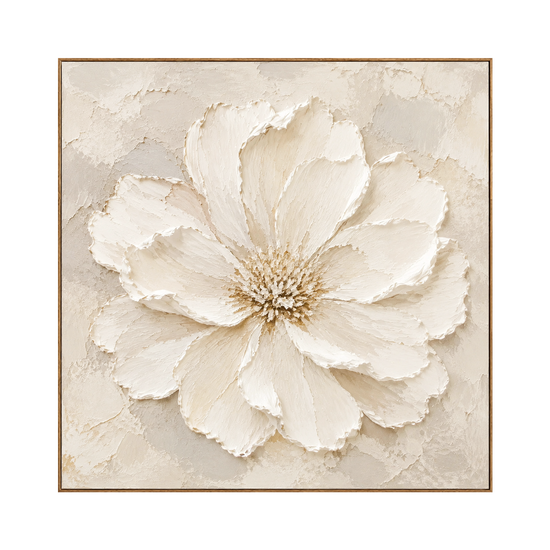 Petal Relief square artwork in a natural wood frame on a transparent background.