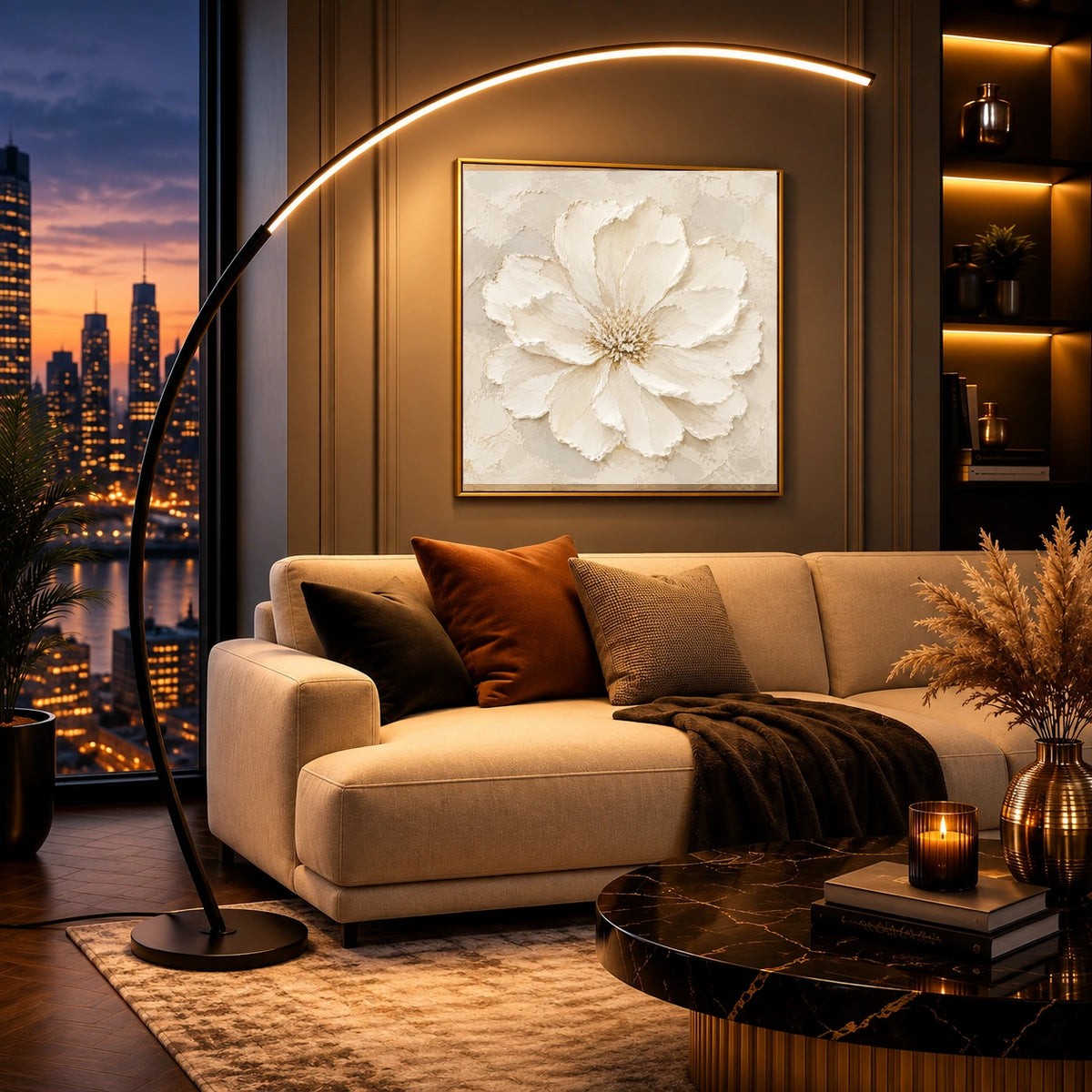 Petal Relief artwork displayed above a curved sofa beside an arched lamp and city windows.
