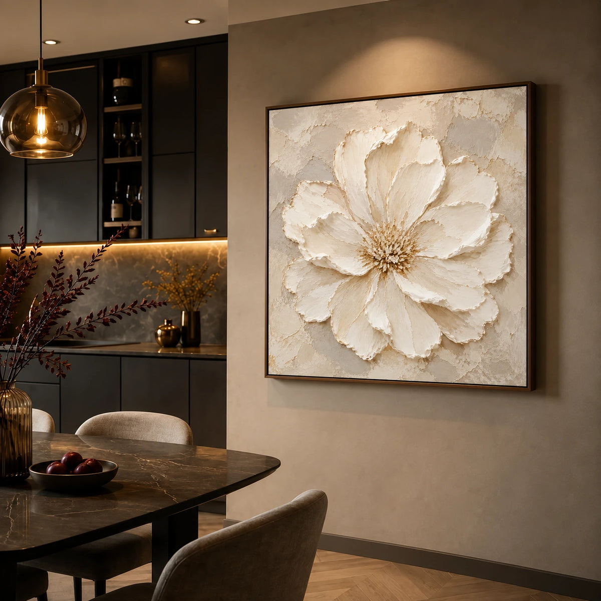 Petal Relief artwork displayed beside a dining table in a warmly lit kitchen.