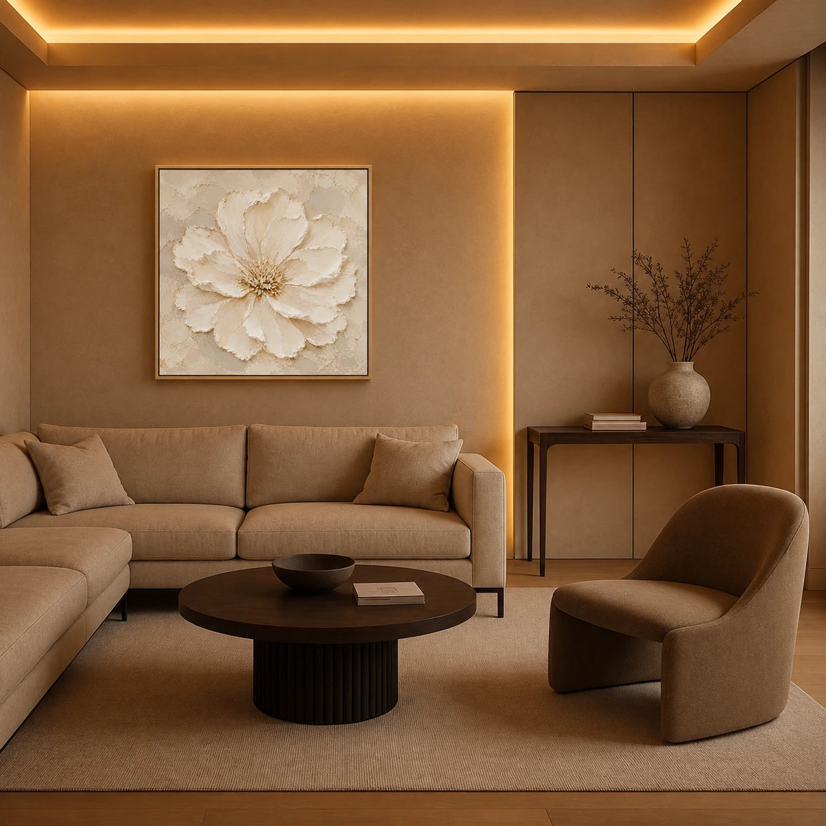 Petal Relief artwork displayed above a sofa in a softly lit neutral sitting room.