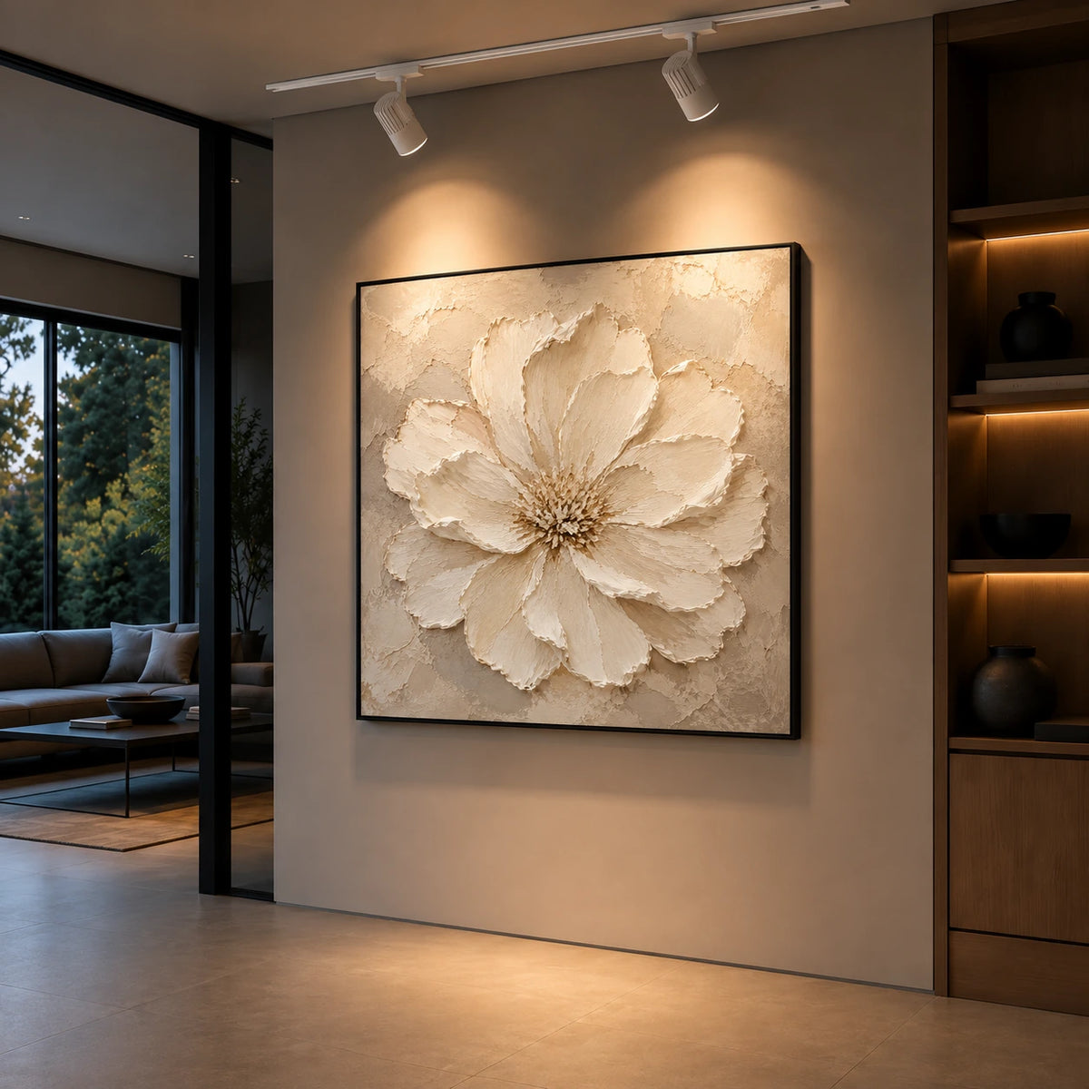 Petal Relief artwork displayed on a wall beside dark shelving and tall windows.