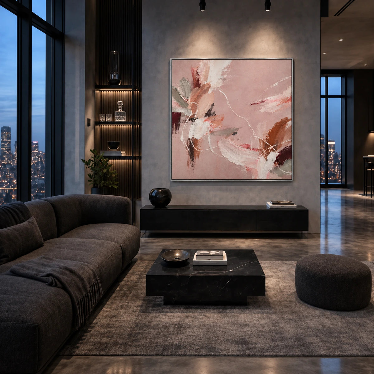 Blush Reverie artwork displayed above a low wooden cabinet in a dark sitting room.